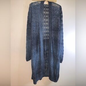 Womens Knit Cardigan Womens Blue Eyelet Long Sleeve Side Slit Sz Lg Fits XL-1X